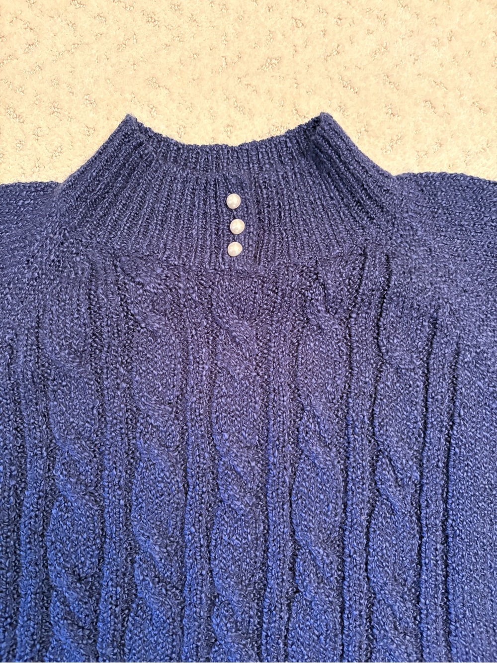 Vintage Blue Rough Cable Knit Sweater Size M Mock Neck With Faux Pearl Buttons - Picture 2 of 9